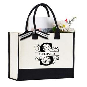 Custom Letter Tote Bag, Monogrammed Canvas Bag with Ribbon, Cute Gift Idea for Her, Everyday Use, Made in USA