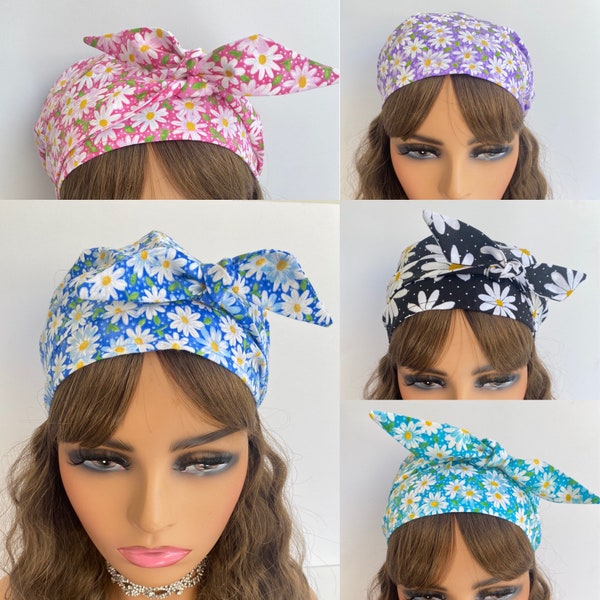 Head Scarf, Head wrap, Daisy Print Scarf, Chemo scarf, Alopecia scarf, Bad hair day, Headband, Chef Hat, 100% Cotton hair- tie, Floral scarf