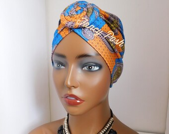 Blue and orange print Turban/Pre-tied knot/Alopecia Cap/Chemo Hat/Head-wrap/Head wear for Women/Fits any head circumference size