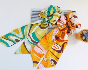 Handmade Abstract Satin Scarf Scrunchie: Detachable Ponytail Tie