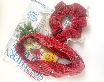 Handmade Pearl Velvet Headband and Scrunchies Set