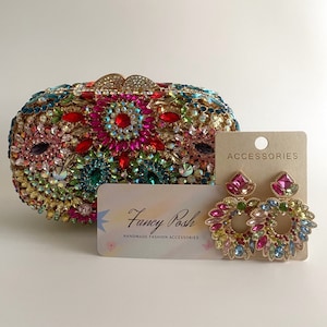 Damen Kristall Clutch Geldbörse mit passenden Ohrring Set/Hochzeit, Party, Abschlussball, Occassion, Abendtasche/Bling Bling Clutch Geldbörse/Geschenk für Sie