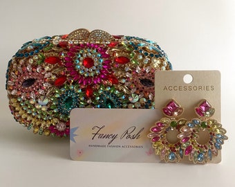 Pochette da donna in cristallo lucido con set di orecchini abbinati /Matrimonio, Feste, Ballo di fine anno, Borsa da sera per occasioni/Pochette da sera Bling Bling