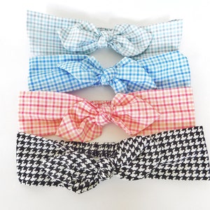 Opaska na głowę z kokardą bawełnianą: chusta w kratkę gingham i pepitkę