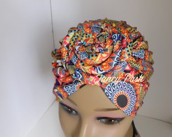 Yellow Geometric print Turban/Pre-tied knot/Alopecia Cap/Chemo Hat/Head-wrap/Head wear for women