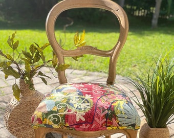 Custom Antique Balloon Back Chair-Colorful Kantha Quilt Upholstery/One Of A Kind
