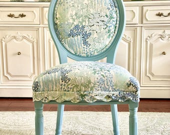 French Style Round Back Chair - Custom Blue Frame with Botanical Upholstery & Upholstered Scalloped Trim / Coastal Cottage Accent Chair