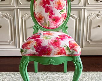 Vintage Cottage & French Country Accent Chair - Custom French Floral Upholstery with Embroidered Back