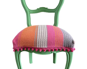 Vintage Balloon Back Chair - Custom Upholstered with Anime Selke Rug & Pompom Trim / Eclectic Boho