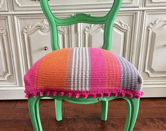 Vintage Balloon Back Chair - Custom Upholstered with Anime Selke Rug & Pompom Trim / Eclectic Boho