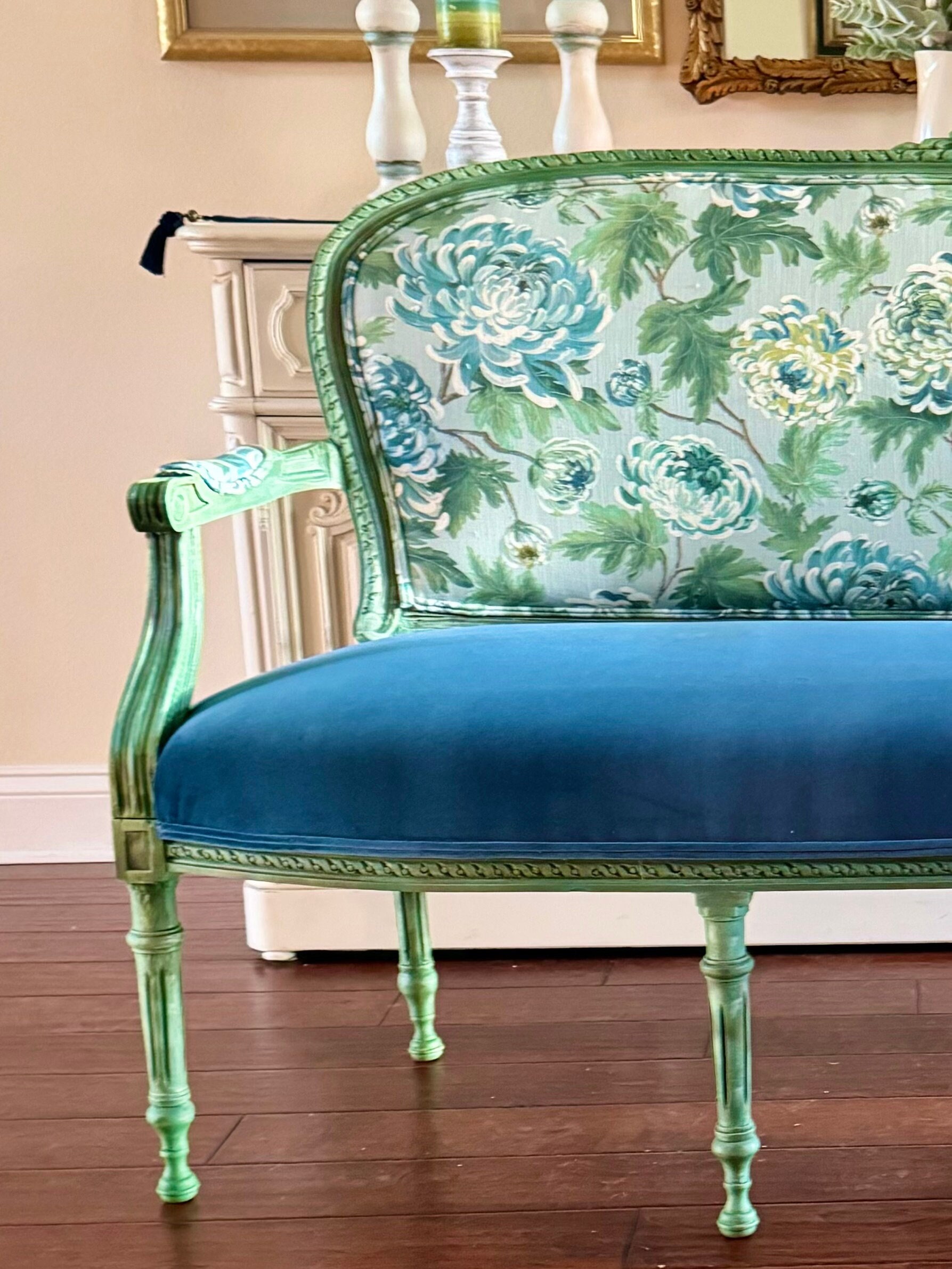 Antique French Settee - Hand-Painted Frame, Floral and Velvet Fabric / French Country & Coastal Furniture