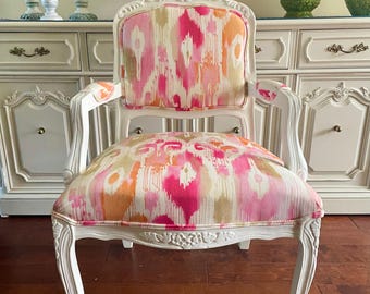 Vintage French Armchair - White Carved Frame with Ikat Front & Floral Back / Custom Accent Chair