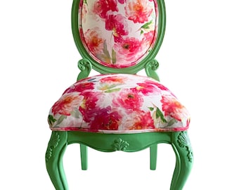 Vintage Cottage & French Country Accent Chair - Custom French Floral Upholstery with Embroidered Back