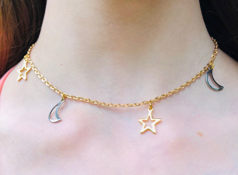 Cute Gold and Silver Colored Adjustable Stars and Moons Choker