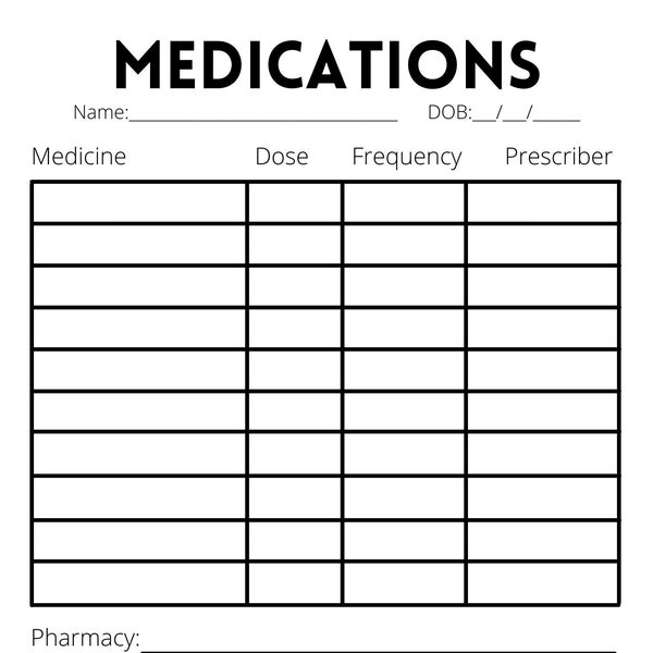 Printable Medication List Etsy