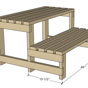 Könnte beinhalten: Ein zweistufiger Holztritt. Die obere Stufe ist 64,77 cm hoch, 49,53 cm breit und 121,92 cm lang. Die untere Stufe ist 121,92 cm lang. Der Hocker ist aus hellem Holz gefertigt und hat ein Lattenmuster auf den Stufen.