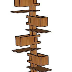 May include: A tall, wooden shelf unit with multiple shelves and cubbyholes. The shelves are arranged in a staggered pattern, creating a unique and modern design.