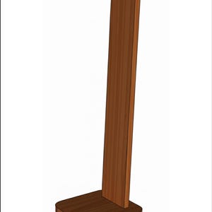 May include: A wooden floor lamp with a rectangular base and a tall, slender upright. The lamp is made of dark brown wood and has a simple, minimalist design. The top of the upright has two small wooden pegs.