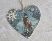 Christmas Wolf wooden heart decoration, Wolf Christmas ornament