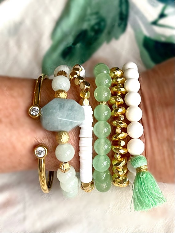 Mint Green With White Clay Beads/white Ware Beads With Tassel