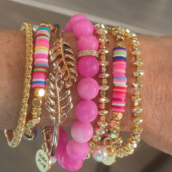 Pretty in pink! Boho clay beads/chalcedony beads/gold cuff/bracelet stack set