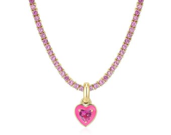 Pink tennis necklace with hot pink zircon stone heart