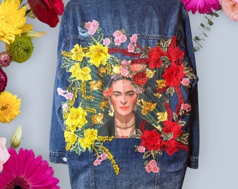 Frida Kahlo Handgenähte, verzierte Jeansjacke, maßgeschneiderte Damenjacke, langer Jeansmantel, Kunstnähen, einzigartiges Stück, exklusiv für sie