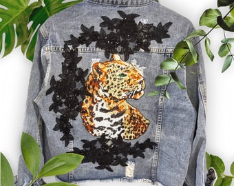 Women's Denim Jacket personalized with Leopard with bright Sequins and black bright flower decorations Size M Elegant gift