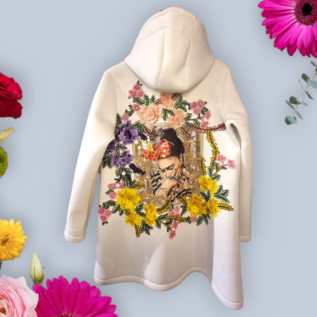 Frida Khalo Women's White Hooded Jacket Overcoat Hand Decorated With Flowers and Sequins Unique