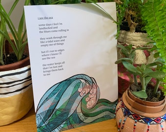 Ocean Wall Art Print and Postcard Poem - Sea Poetry with Nature Artwork