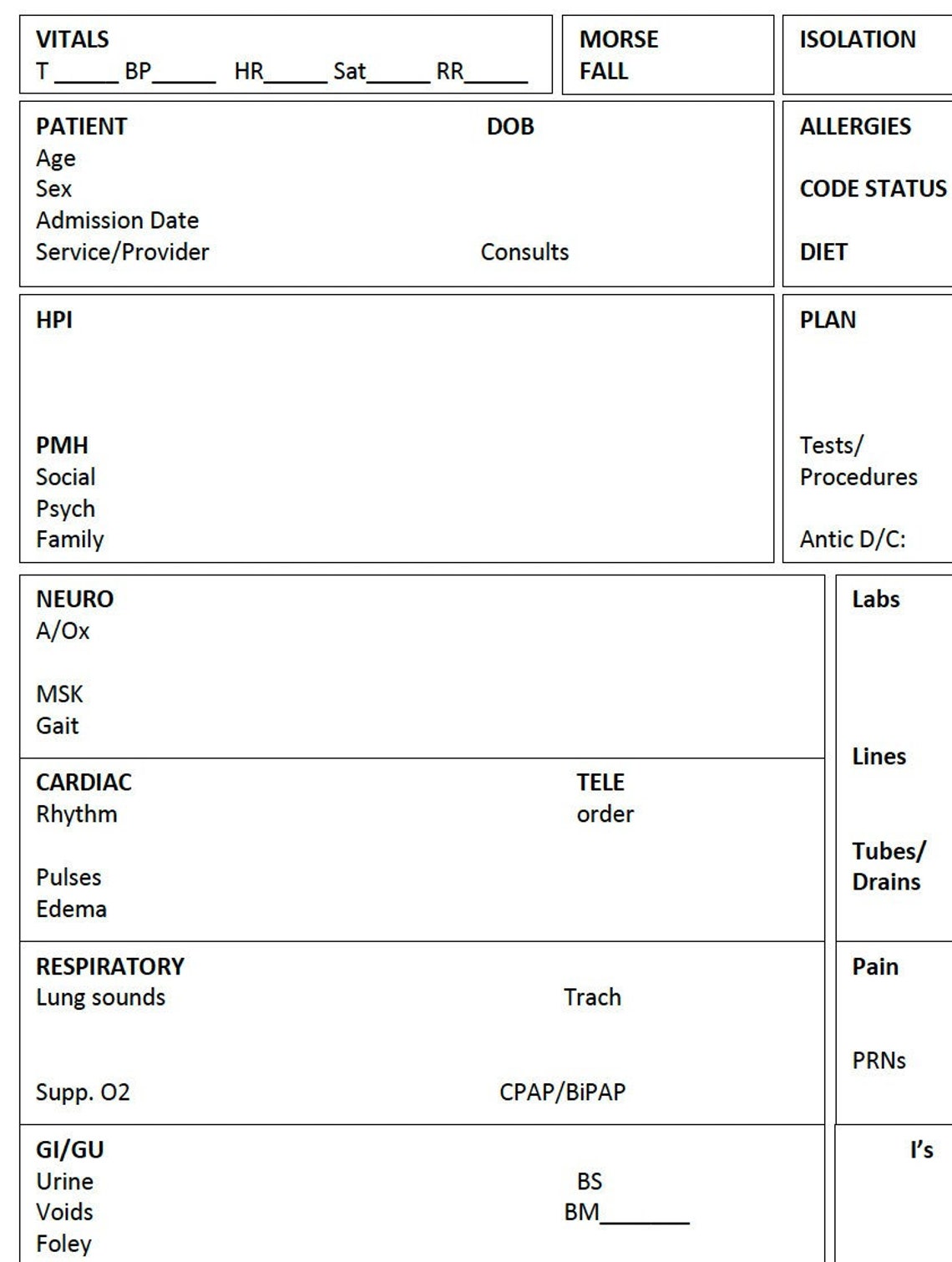 Printable Nursing Report Sheet, Nurse Brain Sheet, Single Patient