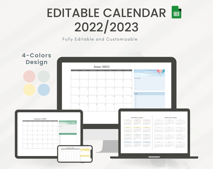 Google Sheets Calendar 2022/2023 Template, Editable Monthly Spreadsheet