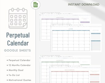 Perpetual Calendar Template, Google Sheets Monthly Event Planner, Goal Tracker, To-Do List, Simple, Minimal Design, Daily, Weekly Schedule