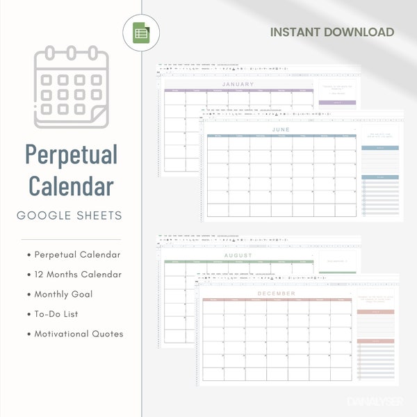 Perpetual Calendar Template, Google Sheets Monthly Event Planner, Goal Tracker, To-Do List, Simple, Minimal Design, Daily, Weekly Schedule