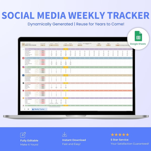 Social Media Weekly Tracker + Report Template - Google Sheets, KPI Monitoring with WoW Growth Rate Graph, Colour-Coded for +ve/ -ve Trends