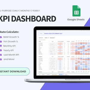 Ultimate KPI Dashboard - Daily, Monthly Annual KPI Metrics Tracker, Business Analytics Tool for Easy Performance Reporting (Google Sheets)