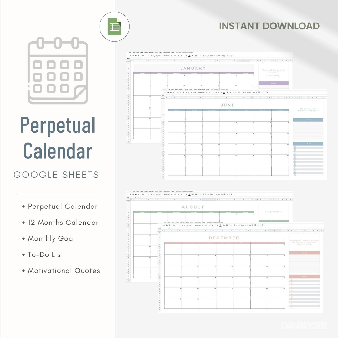 Perpetual Calendar Template, Google Sheets Monthly Event Planner, Goal