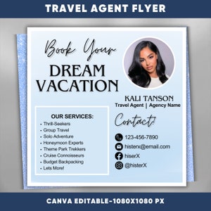Puede incluir: Un folleto azul y blanco con el texto "Reserva tus vacaciones de ensueño" y una foto de una mujer. El folleto también incluye el texto "Nuestros servicios" y enumera varios servicios de viaje, como buscadores de emociones, viajes en grupo, aventuras en solitario, expertos en lunas de miel, excursionistas de parques temáticos, conocedores de cruceros, mochileros con presupuesto y mucho más. El folleto también incluye el texto "Kali Tanson, Agente de viajes | Nombre de la agencia" y "Contacto" con un número de teléfono, una dirección de correo electrónico y identificadores de redes sociales.