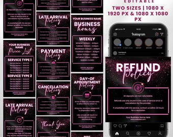 Más de 35 plantillas de políticas de reserva, políticas de reserva editables para historias de Instagram, política de reserva en Canva para pestañas, uñas, cabello, política de cancelación