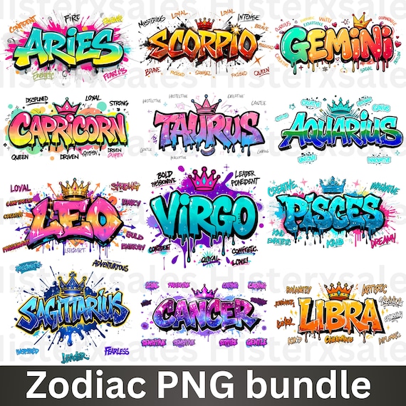 12 Zodiac PNG Bundle, Horoscope Designs for Sublimation, Printable Astrology Signs PNG Bundle, Airbrushed Zodiac Art for Shirts and Crafts
