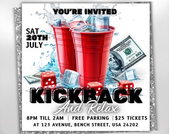 Puede incluir: Un folleto promocional con un borde de purpurina plateada. El folleto presenta dos vasos de plástico rojos llenos de cubitos de hielo, dados y un billete de dólar. El texto incluye "Kickback and Relax" y detalles del evento.