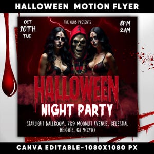 May include: A Halloween party flyer with a red background and a skull wearing a red and black plaid shirt. The flyer says "Halloween Night Party" and includes the date, time, and location.