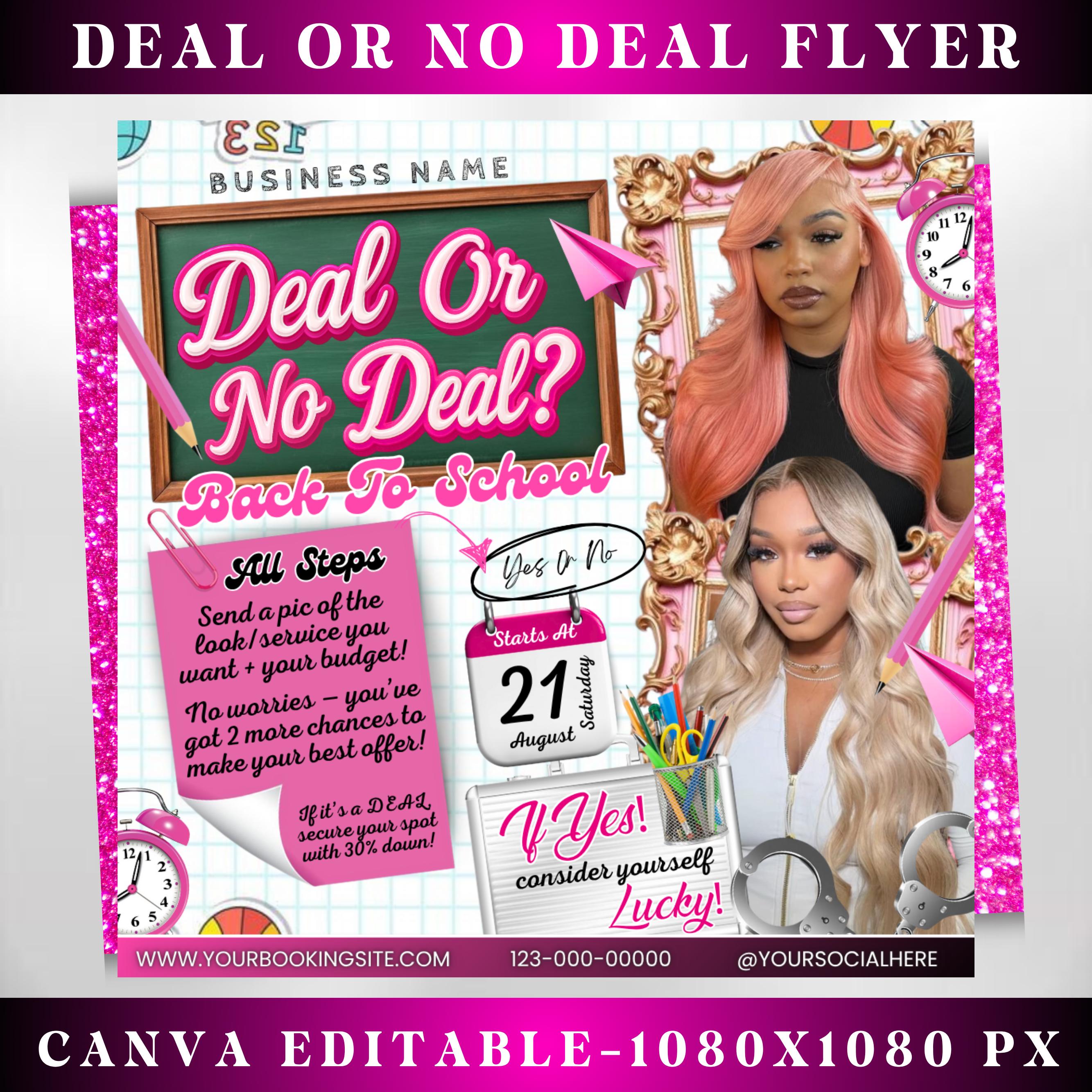 Deal Or No Deal Flyer, Back to School Deal or No Deal Hair Nails Lash Braids Makeup MUA Wig Flyer, Summer Booking Flyer, Canva Editabl