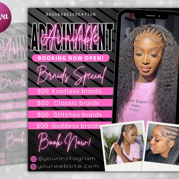 Appointment  Available Flyer, Braid Special Flyer, Booking Flyer, Braids Flyer, August Bookings Flyer, Hair, Nails, Makeup, Lash, Braid, Wig