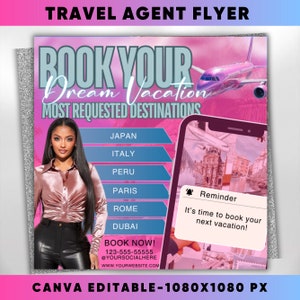 Travel Agent Flyer, DIY E-Flyer Template, Travel Flyer, Vacation Flyer, Travel Agency, Social Media Flyer, Canva Editable, Instant Download