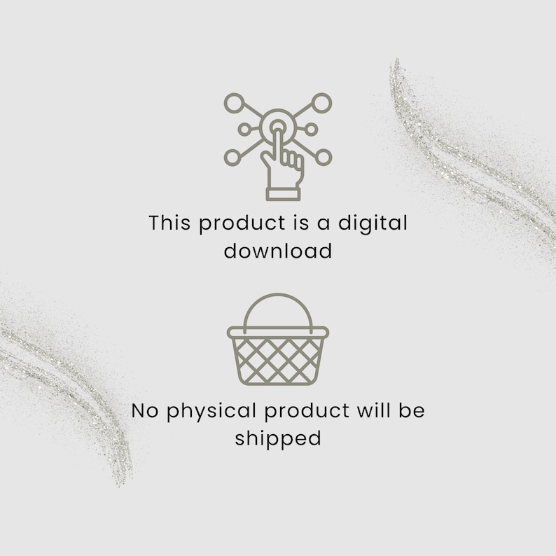 May include: A digital download graphic with the text "This product is a digital download" and "No physical product will be shipped." The image includes a hand touching a network icon and a basket icon, all in a neutral color palette.