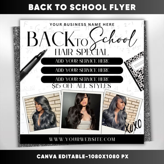 Back to school sale flyer | back to school hair flyer | back 2 school sale template | DIY canva template | braid special flyer | nail flyer