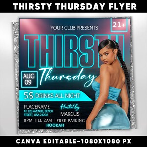 Flyer för Thirsty Thursday-festen, redigerbar flyger för torsdagsfesten, flyger för torsdagsnattklubb, flyger för sociala medier, Canva-mall, direktnedladdning