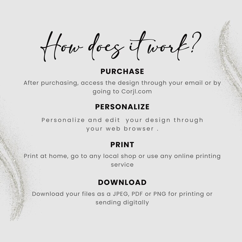 May include: A light gray graphic with the text "How does it work?" in a script font. The text describes the steps: Purchase, Personalize, Print, and Download. The text also mentions Corjl.com, JPEG, PDF, and PNG.
