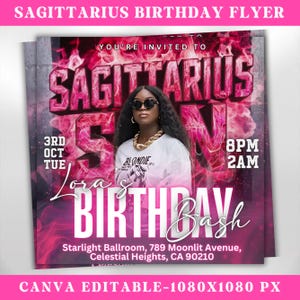 Sagittarius Birthday Flyer, Birthday Girl, Happy Birthday Flyer, Sagittarius Season, Sagittarius Party, Celebration Flyer, Canva Editable